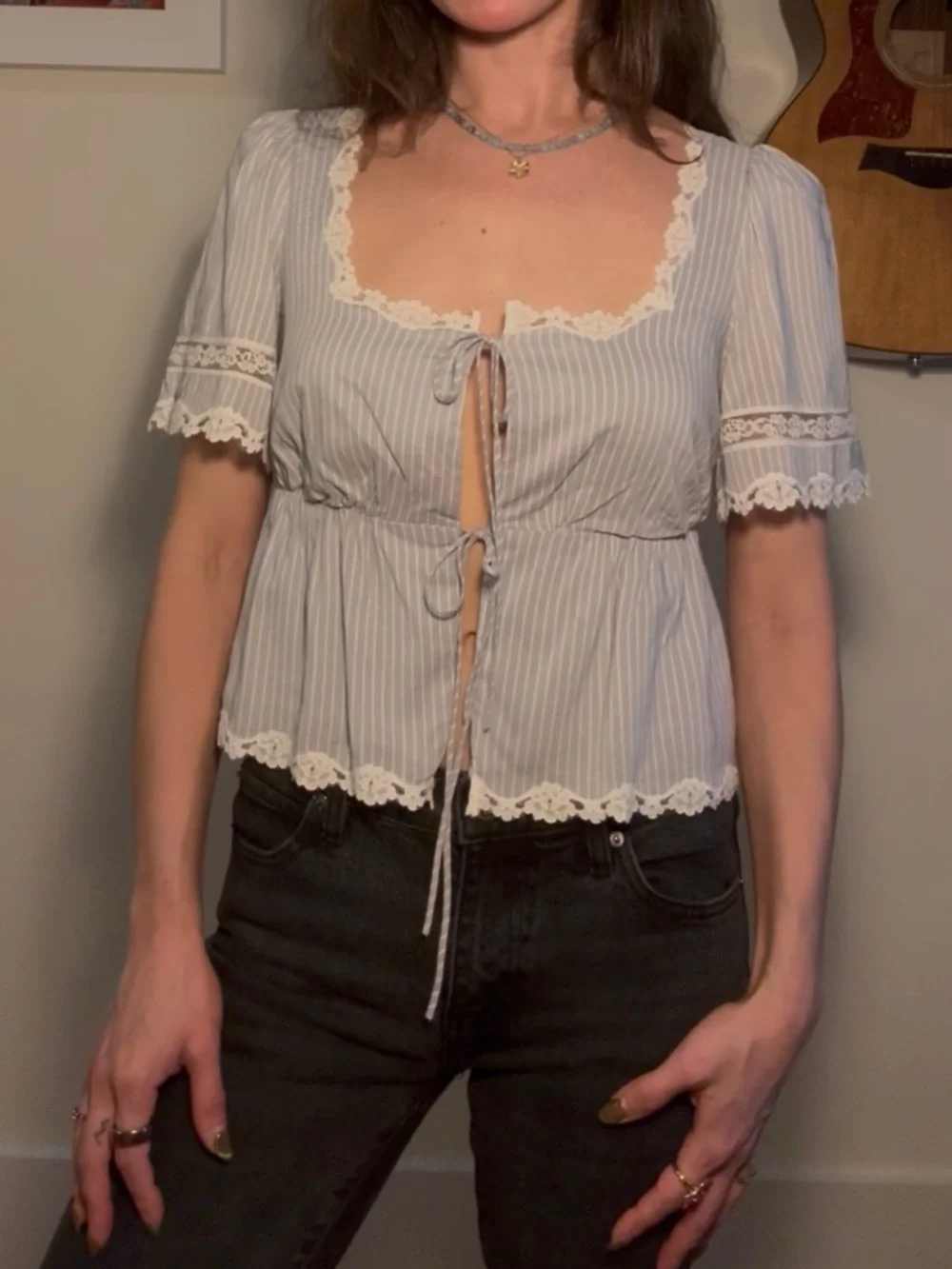 Reformation Margot Lace Trim Striped Cropped Blouse Top Blue White XS